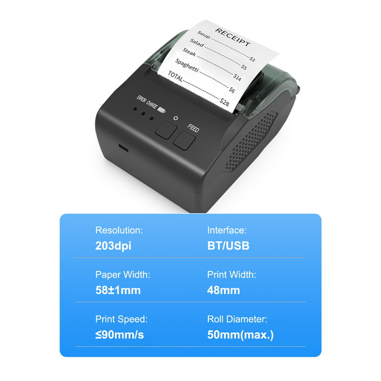 58mm Portable Mini Thermal Receipt Printer USB & BT Connection inches Wireless Printer High Speed with 1 Roll Paper Inside Compatible with iOS Android Windows for Restaurant Sales Retail S - Walmart.com