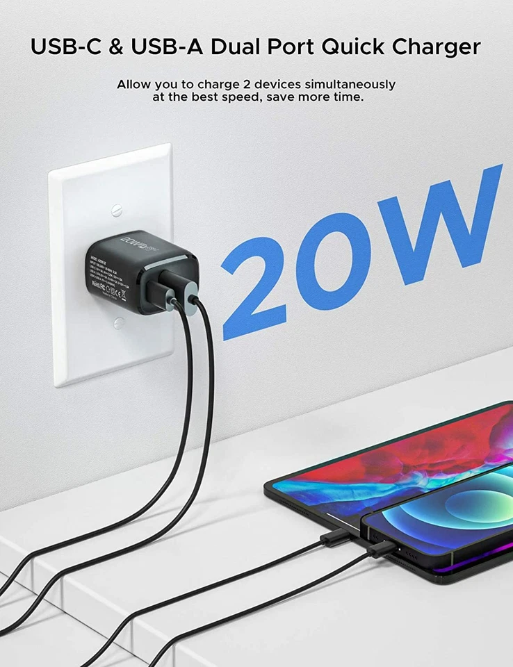 Pd 20W Usb Type C Fast Charger Power Adapter Dual Port Quick Charge Wall Charger