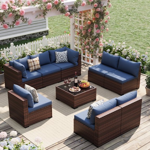 UDPATIO Patio Furniture Sets, Modular Rattan Outdoor Patio Sectional Furniture Sofa Set, Wicker Patio Conversation Set for Backyard,9PCS