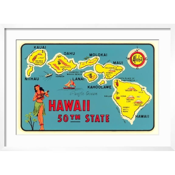Art.com Map of Hawaiian Islands Art Print, White Frame Wall Art, 29" x 21"