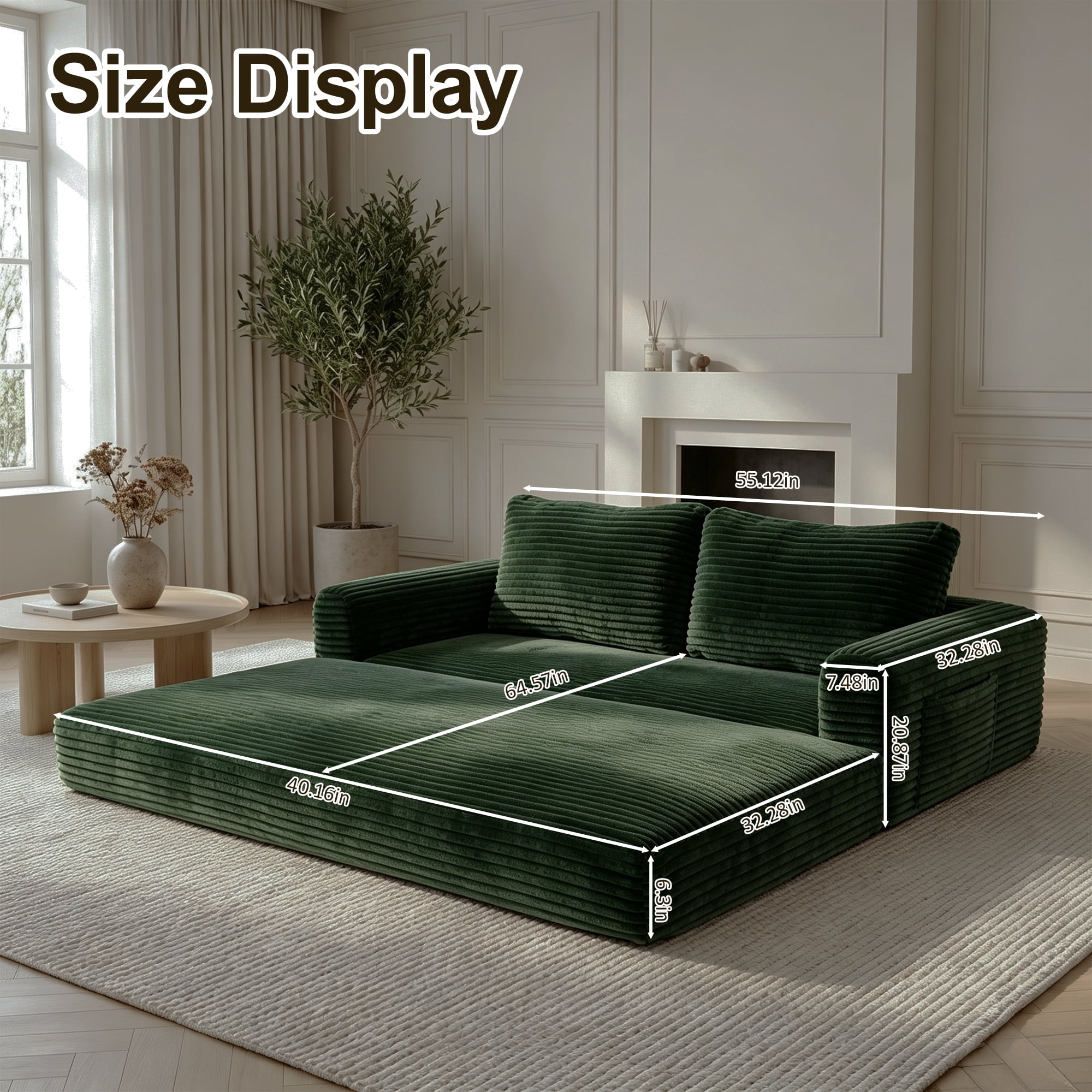 55" Convertible Futon Sofa Bed,Folding Boneless Couch with Sleeper Sofa,Fold Out Floor Sofa with Deep Seat,Cloud Corduroy Foldable Mattress Couch for Living Room,Green