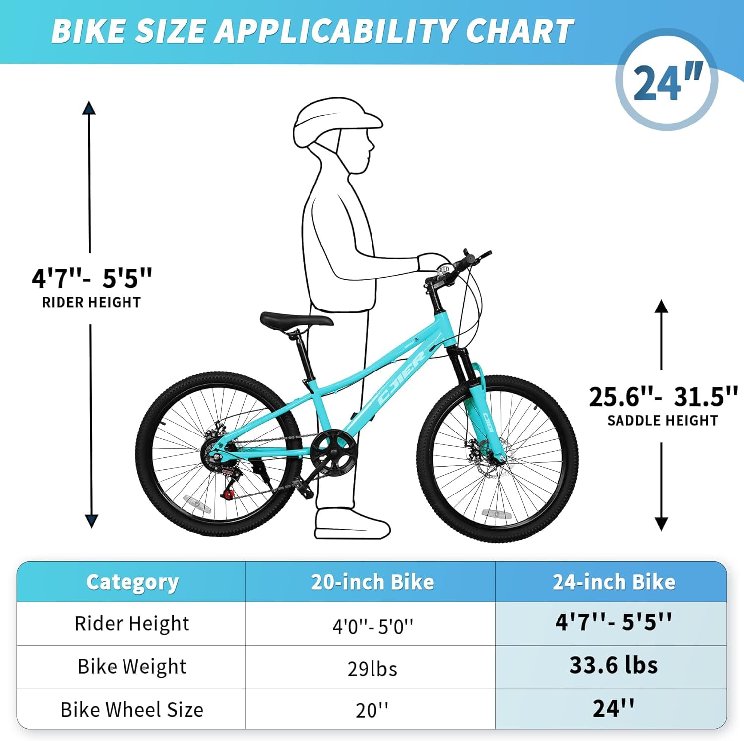 24 Inch Mountain Bike for Kids, Akaber Bicycles for Boys Girls 6-14 Years, 7 Speed Gears, Suspension Fork, Dual Disc Brakes, Anti-Slip Tires