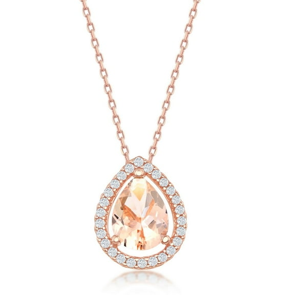 Rose Gold Plated Sterling Silver Teardrop Morganite and Clear Bordered CZ Pendant Necklace 18''
