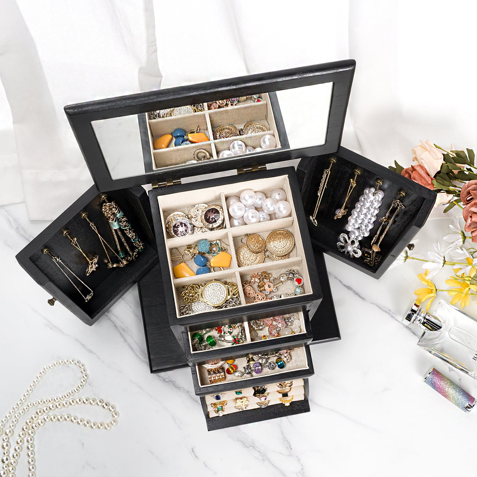 Sfugno Jewelry Box, 4 Layer Wooden Jewelry Boxes for Women, Jewelry Organizer Box Display for Rings Earrings Necklaces Bracelets,Black