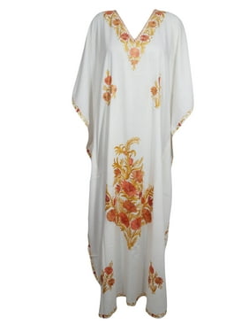 Women Kaftan Maxi Dresses White Floral Orange Embroidered Summer Bohemian Beach Caftan 3X