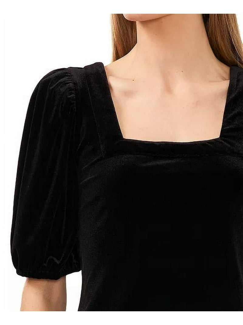 CeCe RICH BLACK Women's Square Neck Short Puff Sleeve Velvet Top