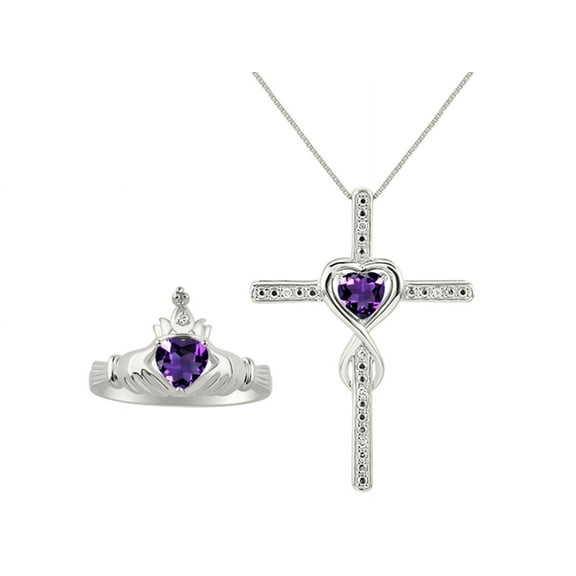 RYLOS Matching Jewelry Sterling Silver Claddagh Ring & Cross Necklace. Heart Gemstone & Diamonds, 6MM Amethyst February Birthstone; Size 5