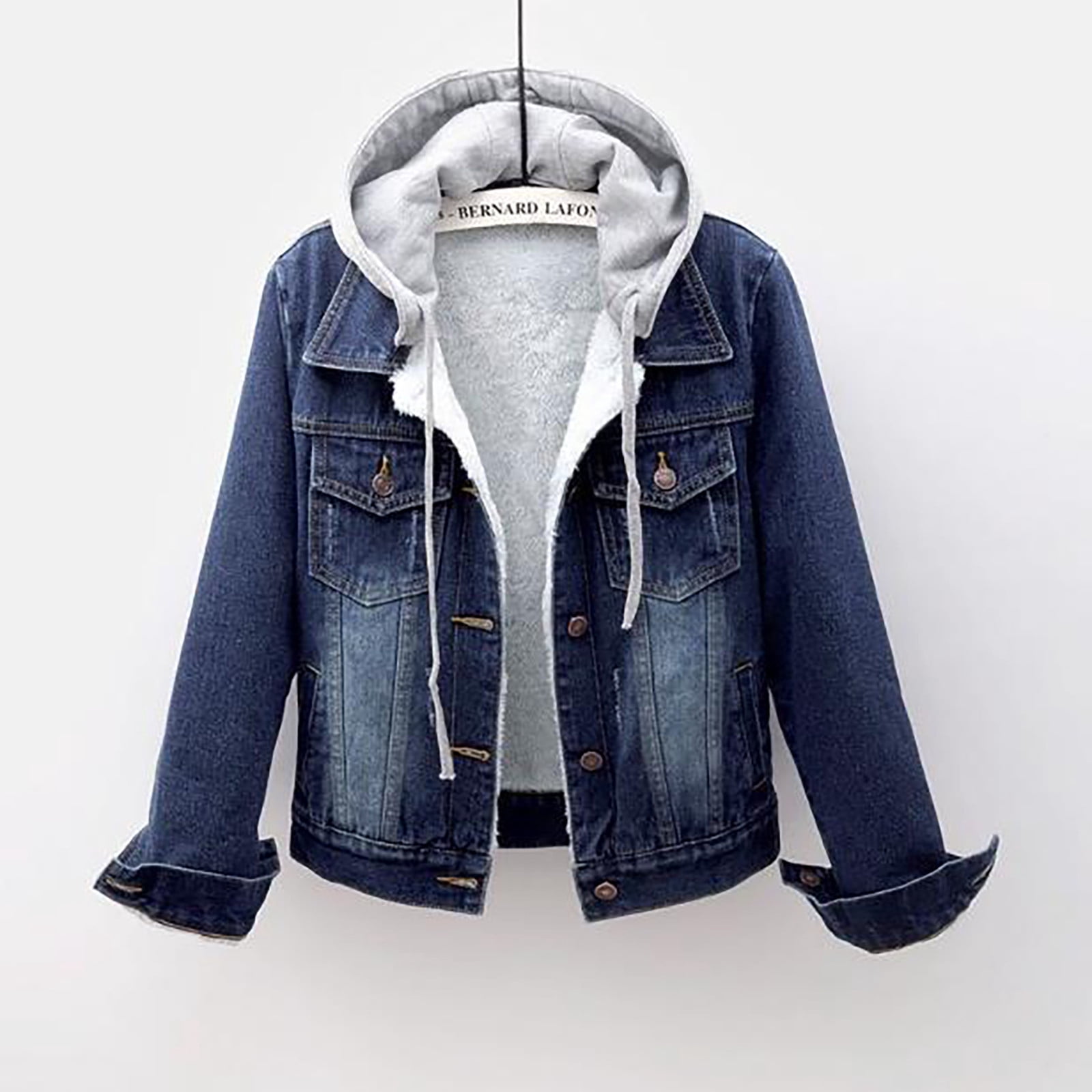 BRDFRL Womens Fleece Lined Denim Jackets,Button Down Hooded Jean Jacket Long Sleeve Oversize Casual Boyfriend Winter Coat Hoodies Dark Blue S