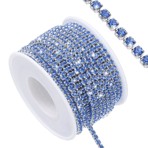 Uxcell 11 Yard Crystal Rhinestone Close Chain Trim, Crystal Rhinestone Diamond Strips, Light Blue Rhinestone with Silver Base