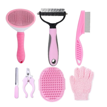 7 PCS Dog Brush Grooming Kit Pet Shedding Brush Self Cleaning with Nail Clippers Flea Comb and Bath Brush for Deshedding and Dematting Tools Pink
