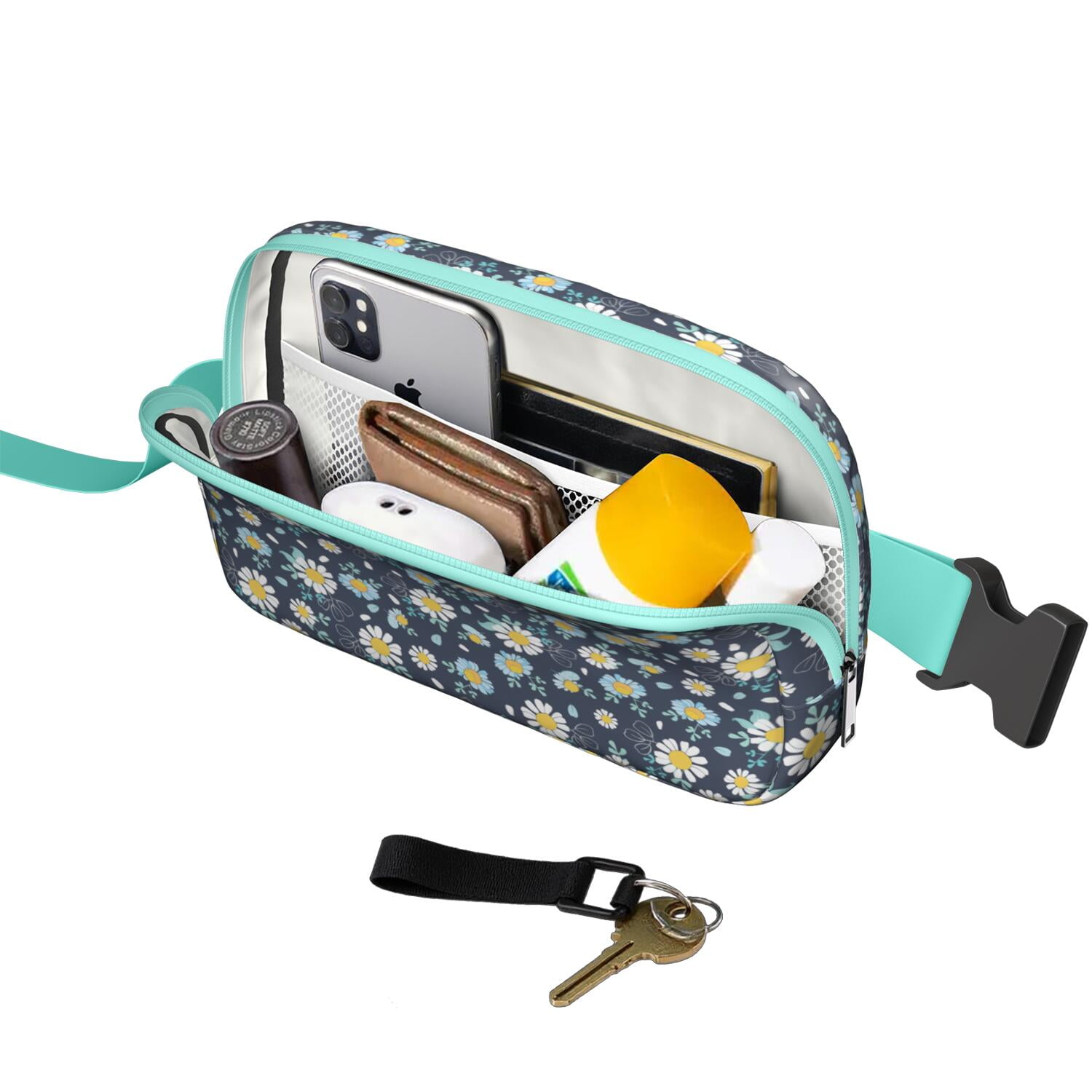 Retro Daisy Print Waist Bag – Boho Floral Fanny Pack with White & Yellow Bloom Design, Perfect for Sunny Outdoor Adventures