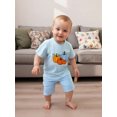 thumbnail image 3 of RUINIXCW Kids Toddler Baby Boy Halloween Outfit Little Baby Boy Summer Fall Clothes Pumpkin Embroidery Striped Short Sleeves T-Shirt and Shorts Set, 3 of 9