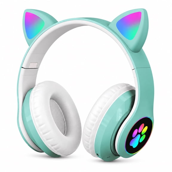 LUEYL Cat Ear Bluetooth Headphones for Kids, LED Lights, Built-in Mic, Foldable Over-Ear Headset with 3.5mm Wired Option for Music and Travel, Green