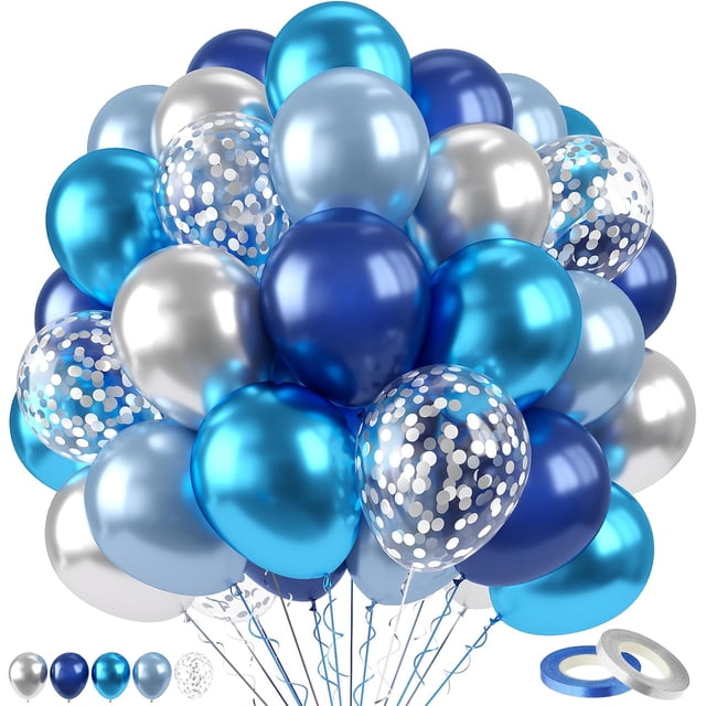 Yanonmyfd 60PC Rainbow Balloons Set, Colorful Balloons, 12 Inch Bright Color Yellow Orange Hot Pink Teal Blue Confetti Balloon Helium for Rainbow Wedding Day Birthday Party decorations,Blue Silver