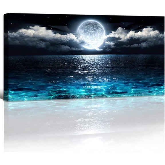 WFSposterWall Art Moon Sea Ocean Landscape Picture Canvas Wall Art Print Paintings Modern Artwork for Living Room Wall Decor and Home Décor Framed Ready to Hang,1inch Thick Frame,Waterproof Artwork