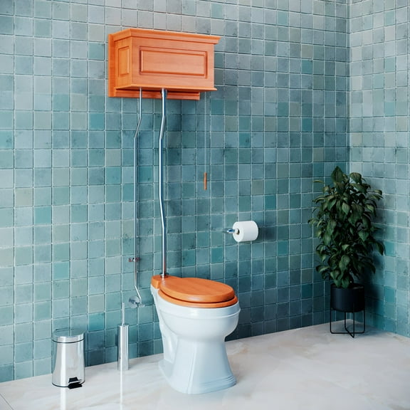 Light Mahogany Finish High Tank Pull Chain Toilet Wooden Raised Tank Round 59"- 74" Renovator's Supply