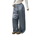 thumbnail image 3 of Fiaer Women Leopard Satin Pajamas Pants High Waisted Trendy Sleepwear Trousers Wide Leg Baggy Casual Comfort Lace up Pjs Slacks Grey S, 3 of 9