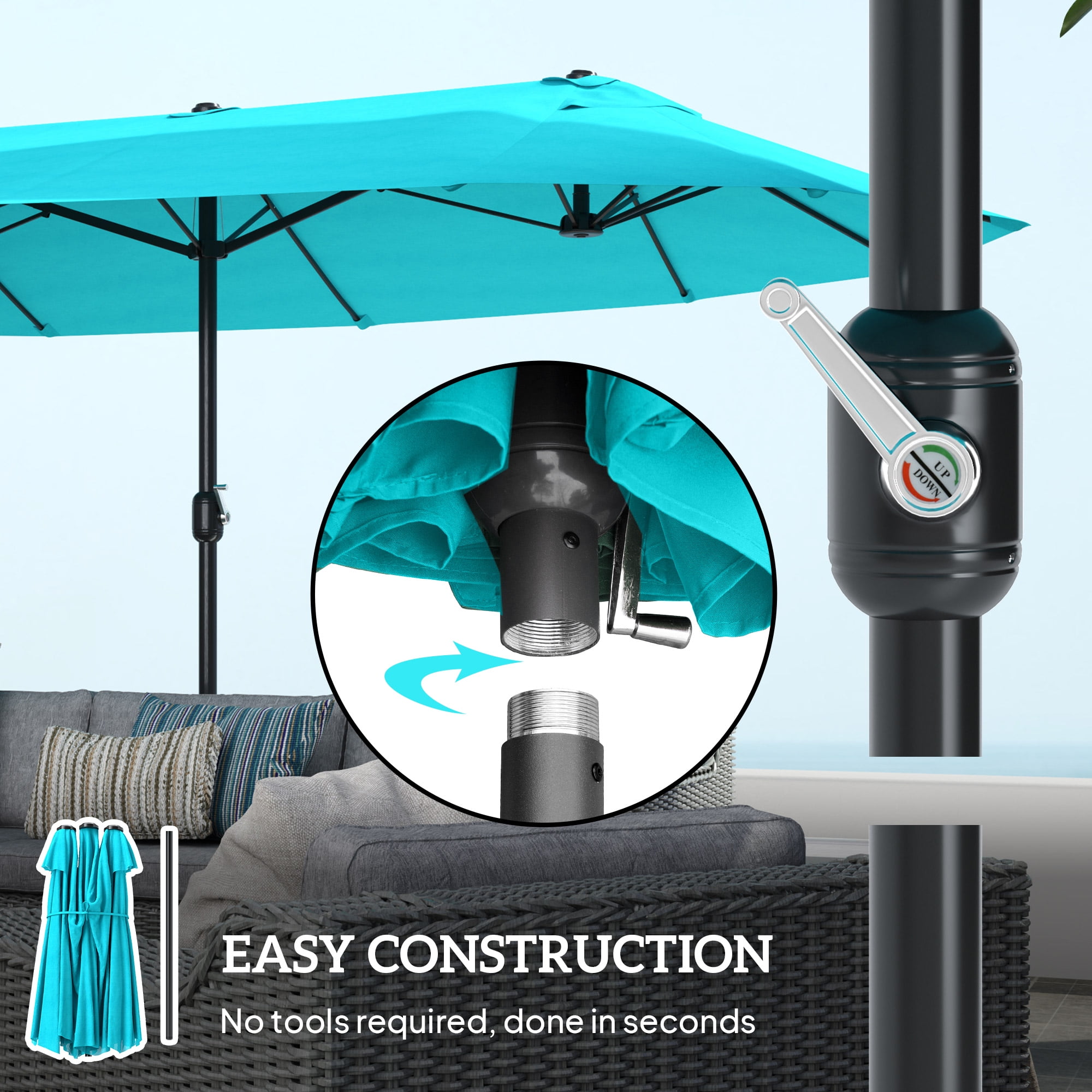 Outsunny Extra Large 15ft Patio Umbrella, Double-Sided Outdoor Umbrella with Crank Handle and Air Vents for Backyard, Deck, Pool, Market, Light Blue