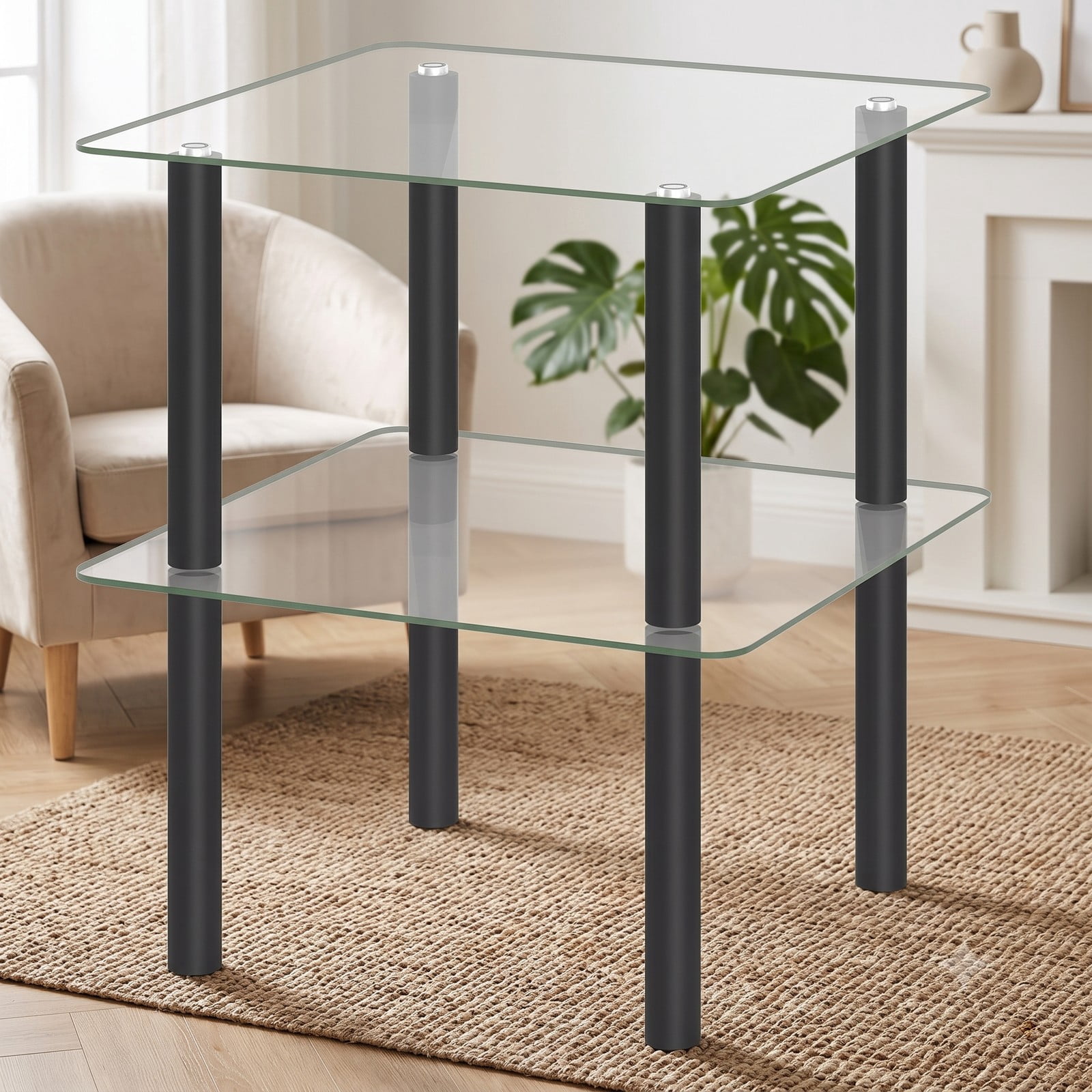 Furnibear 2-Tier Square End Table with Tempered Glass Top and Storage Shelf, Rubber Wood Legs Side Table for Living Room Bedroom, Round-Edge Nightstand, Clear & Black