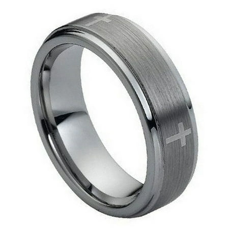 - 7mm Tungsten Carbide stepped edge brushed center with Cross Wedding Band Ring For Men or Ladies