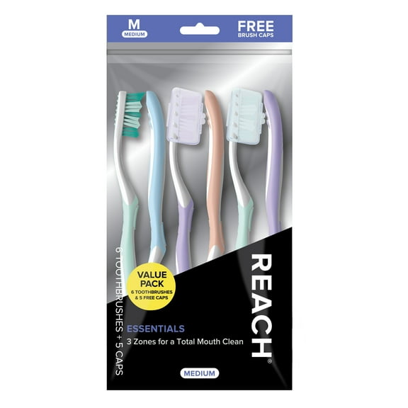 Reach Essentials Manual Toothbrush with Caps, 6 Count