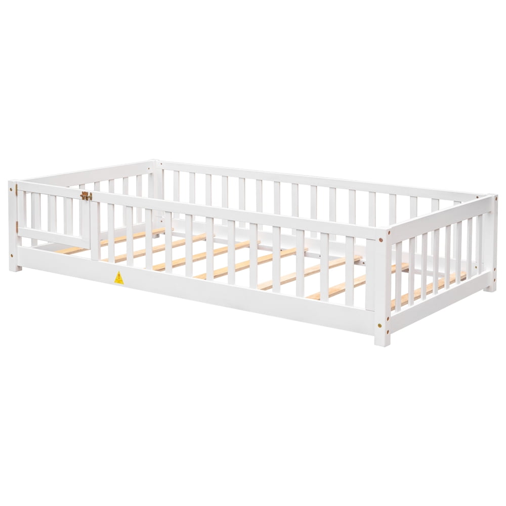 Twin Size Floor Bed Frame, Wood Montessori Bed Frame with Fence and Door, No Box Spring Needed, White