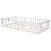Twin Size Floor Bed Frame, Wood Montessori Bed Frame with Fence and Door, No Box Spring Needed, White