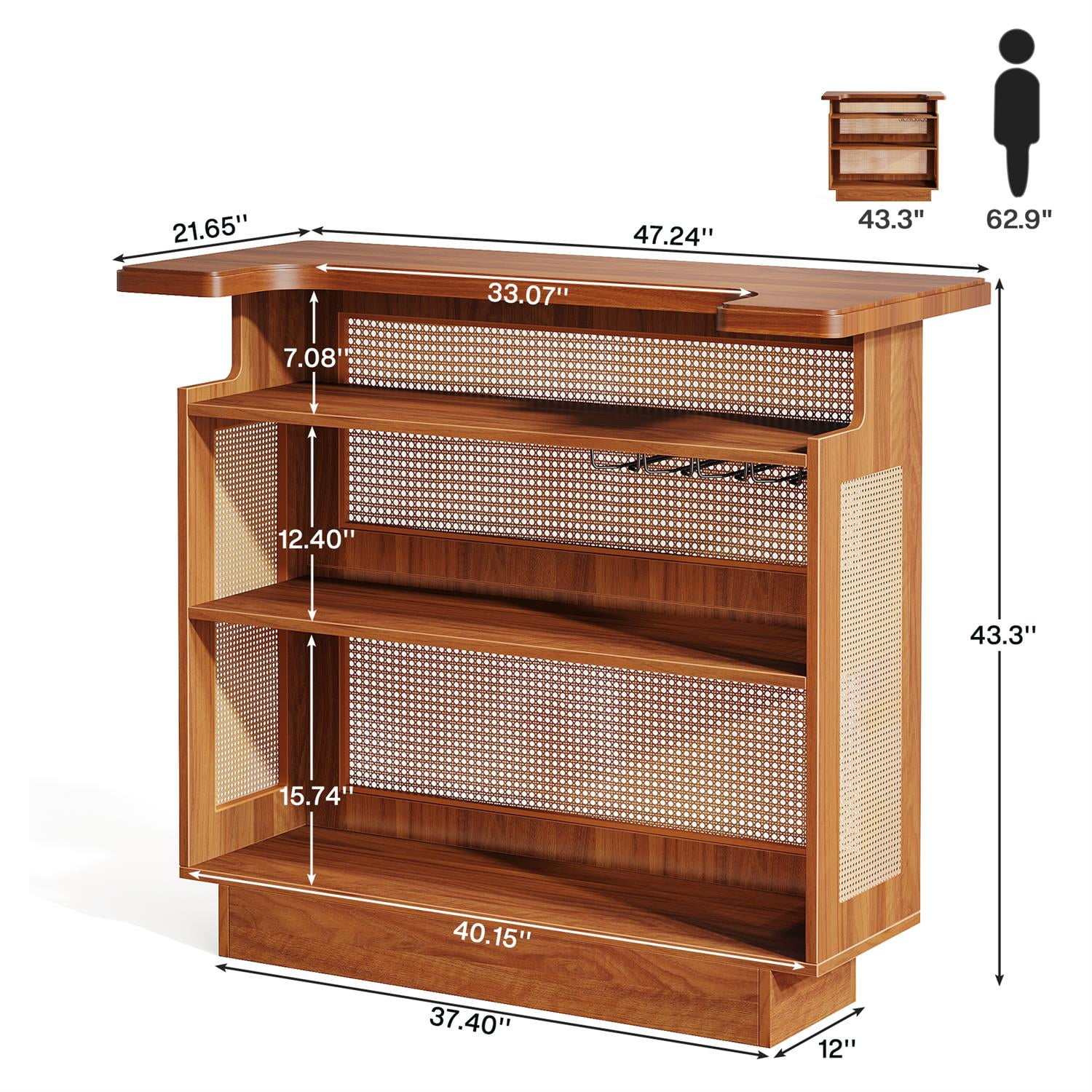 Demi Bonn 43" Rattan Home Bar Unit, 4-Tier Liquor Wine Bar Cabinet with Stemware Racks, Pub Tables for Kitchen, Dining Room, Brown