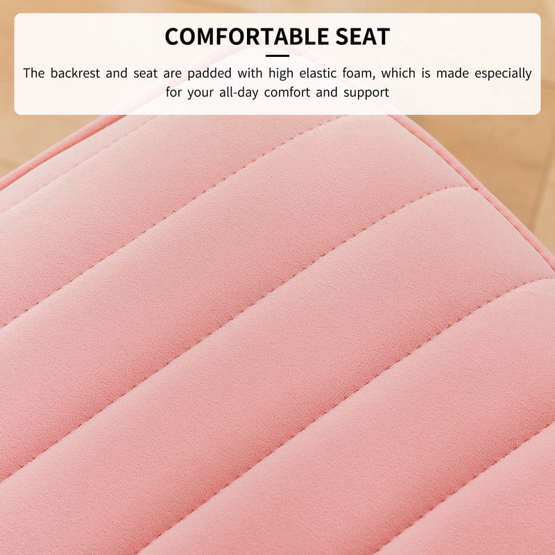 Modern Armless Office Chair, Adjustable Height Upholstered Desk Chair with Rolling Casters and Gold Metal Base, Task Chair for Home Office, Vanity, Bedroom,Pink