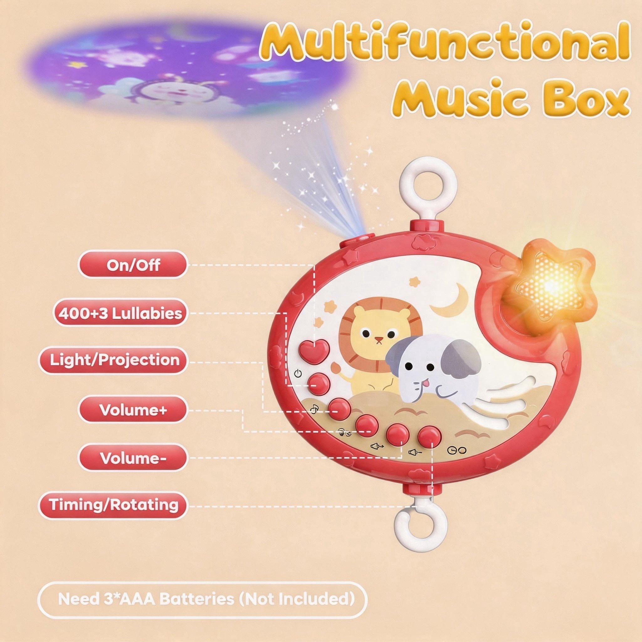 Crib Mobile with Timing Function & 400+ Lullabies for Babies with Animal Rattle Teether