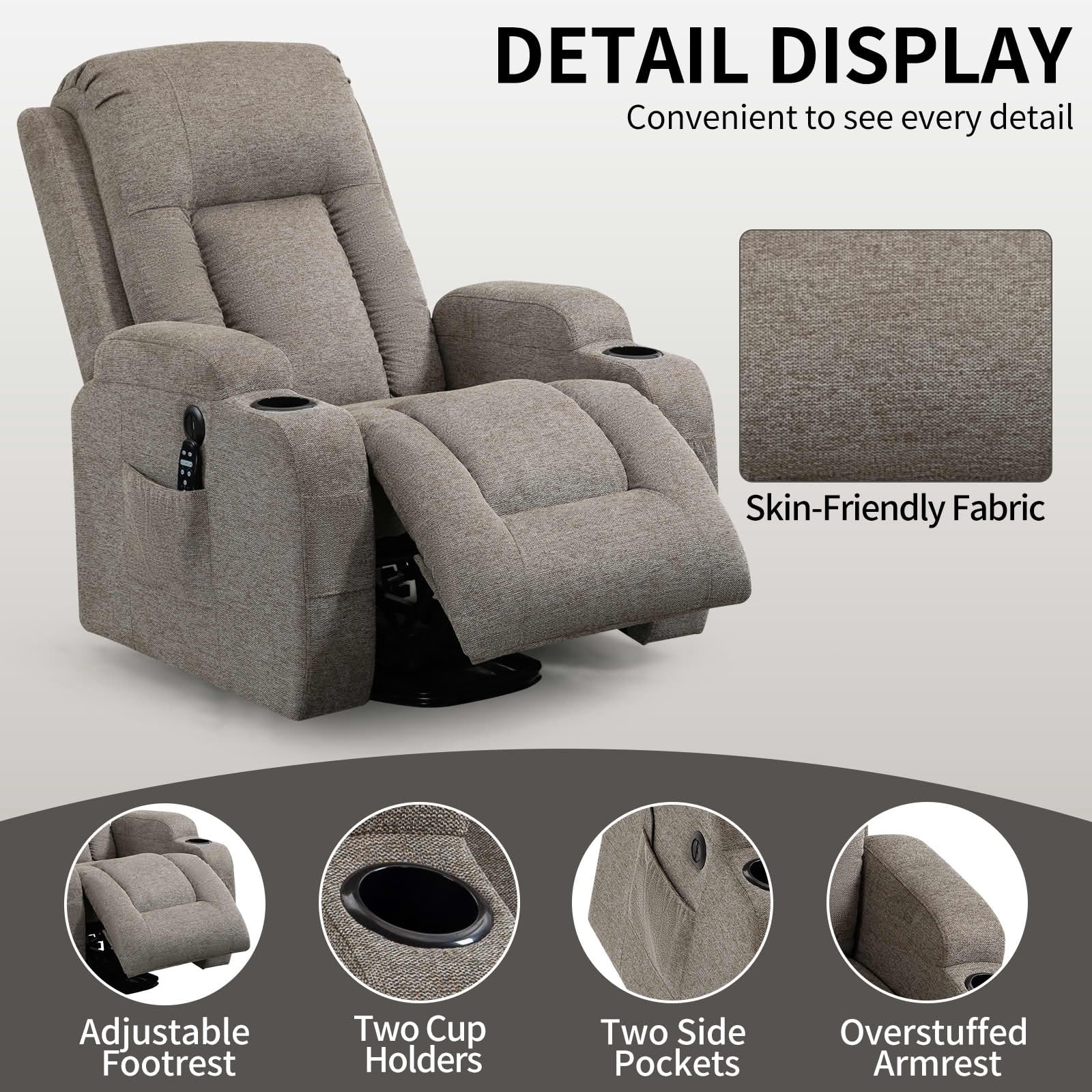 MAYEERTY Beige PU 350lbs Power Lift Recliner Chair, 8-Point Massage Heat USB Cup Holders 40"x36"x45" for Elderly