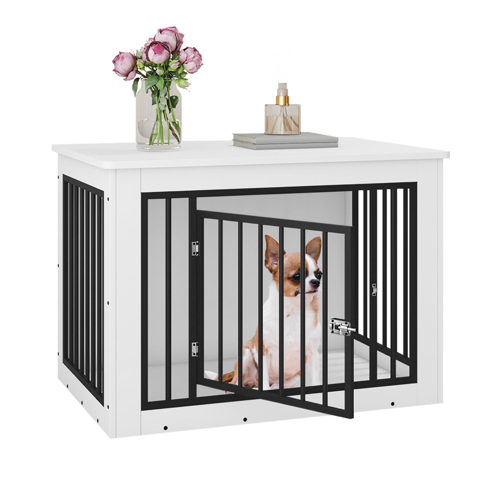 Uforic 38 Inch Wooden Dog Crate Table, Waterproof Top & Safe Round Edge, Multi-Purpose End Table Dog House for Medium Dogs, White