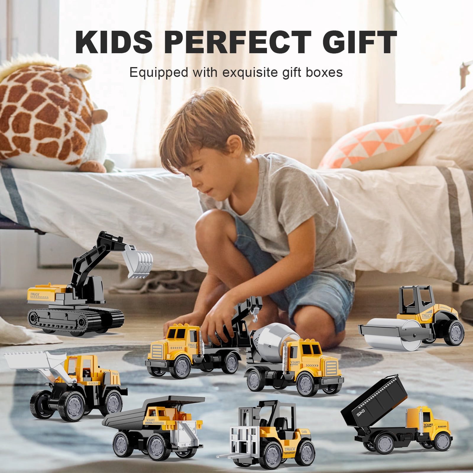HONGTUO Alloy Mini Construction Vehicles，8Pcs Die-cast ConstructionVehicle Toys Set，Excavators Mixer Truck Bulldozers Forklift Dump Truck Cranes Toys, Pull Back Car Toys for Toddlers Kids Boys & Girls