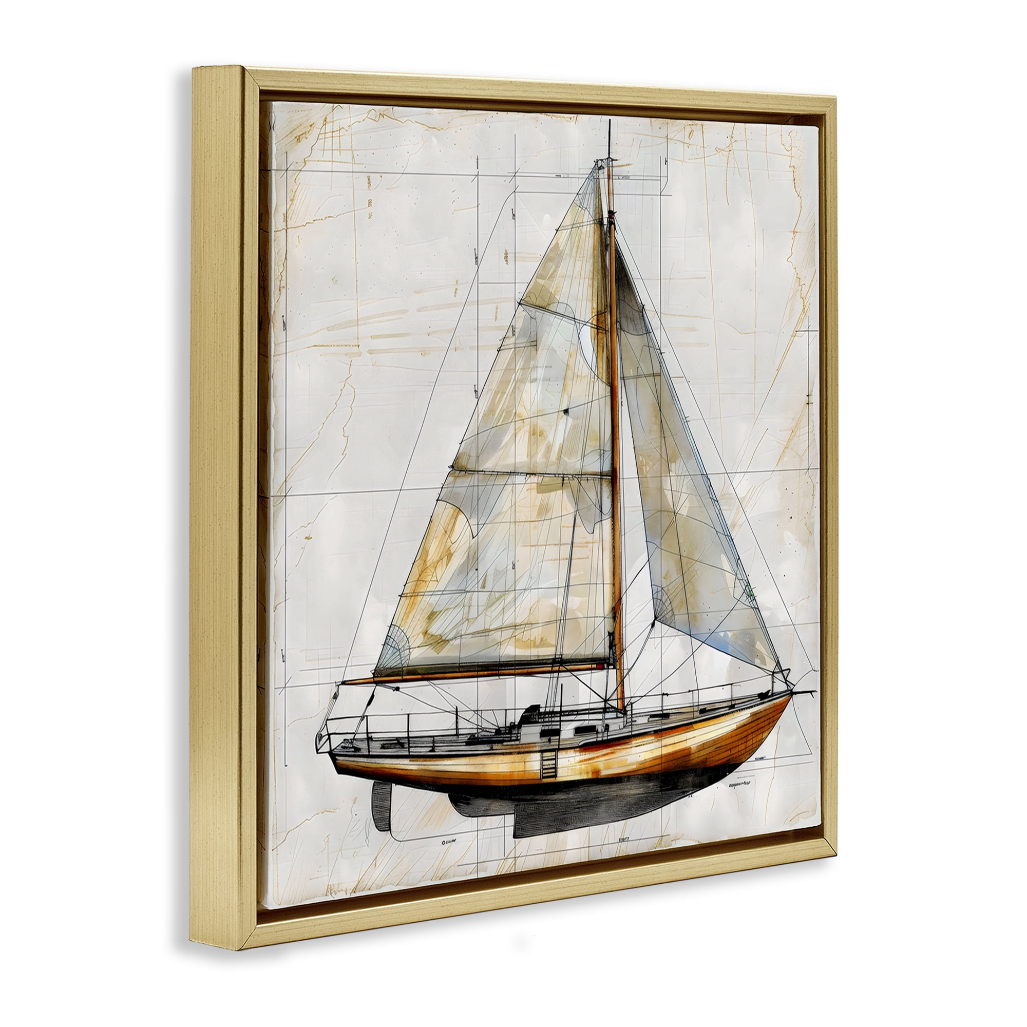Stupell Industries Vintage Sailboat Drawing Blueprint Gold Framed Floater Canvas Wall Art, design by Creative Studio