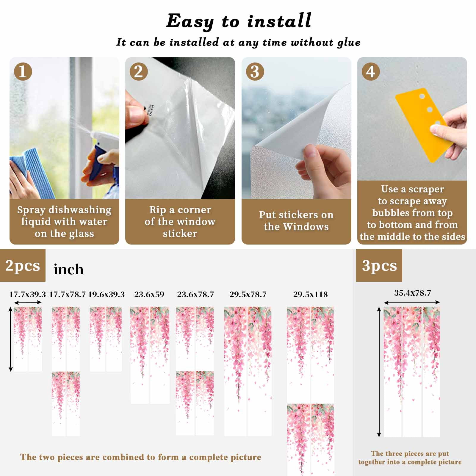 Spring Floral Window Privacy Film, Watercolor Pink Flowers Modern Rustic Farmhouse Frosted Glass Window Clings Static Cling UV Heat Blocking Reusable Door Sticker for Bathroom 23.6 x 59 Inch