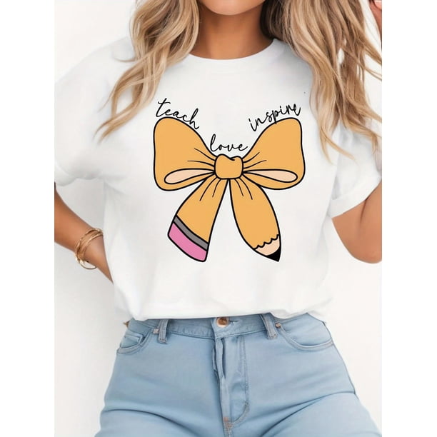 Women's Inspirational Teacher Graphic T-Shirt - Casual Crew Neck, Pencil & Heart Print, Short SleeveCamisetas para mujer, lindas camisetas con estampado gráfico, de manga corta, estilo casual, para ve