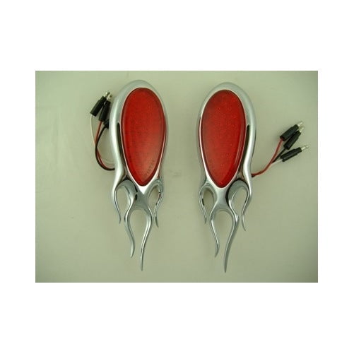 Red LED Tear Drop Trailer Stop Turn Brake Tail Lights / Chrome Flame Bezel