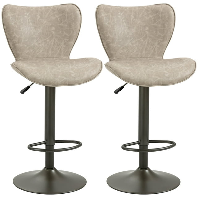 HOMCOM Tabourets de Bar Pivotants Lot de 2, Simili Cuir Hauteur de Comptoir Réglable avec Siège Large et Base Ronde en Acier, Repose-Pieds, Gris Clair