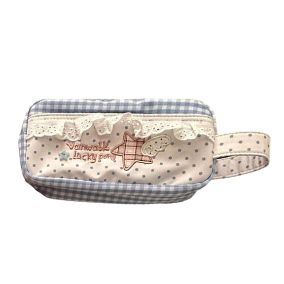 Orangide Blue and White Polka Dot Lace Cute Large Capacity Pen Case, Portable Handheld Pencil Bag for Teen Girls Students College
