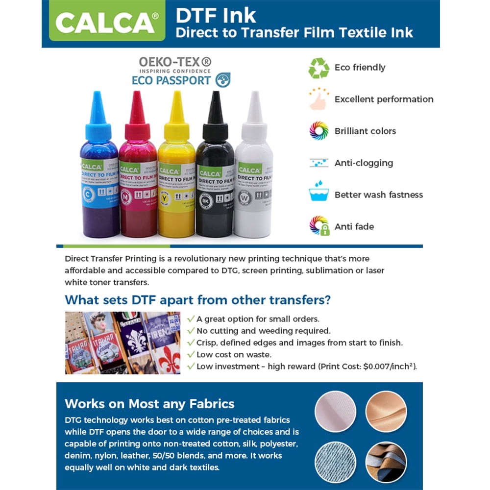 Calca 100ml DTF Inks 5 Bottles ( C m y k w ) Direct to Transfer Film Ink