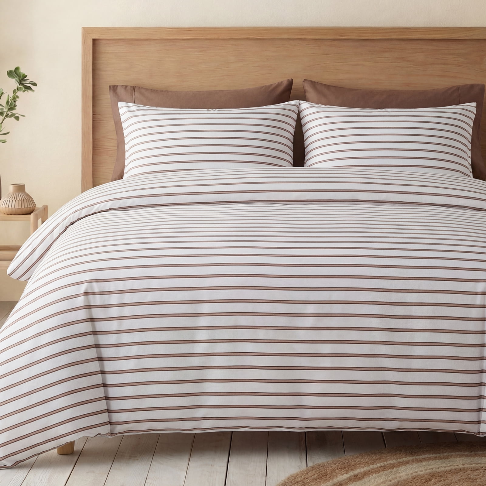 Khaki Striped Duvet Cover Set King Size,100% Cotton Bedding Set,Luxury Sateen Weave Silky Smooth Breathable Bedding Comforter Cover 3 Pcs with Zipper Closure and 8 Corner Ties