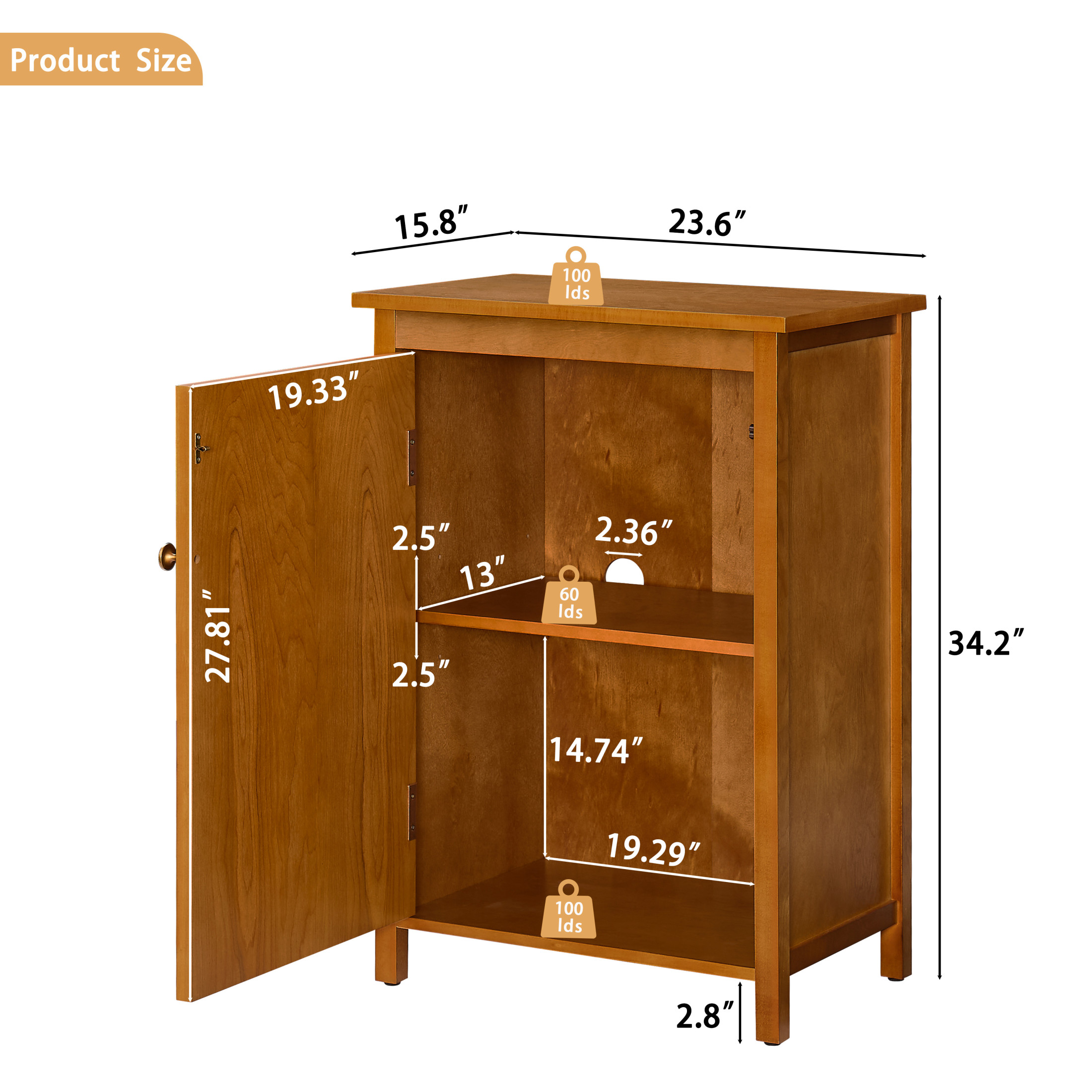 GDF Studio 34.2" Tall Mid-Century Modern Floor Cabinet with Door & Adjustable Shelf, Walnut