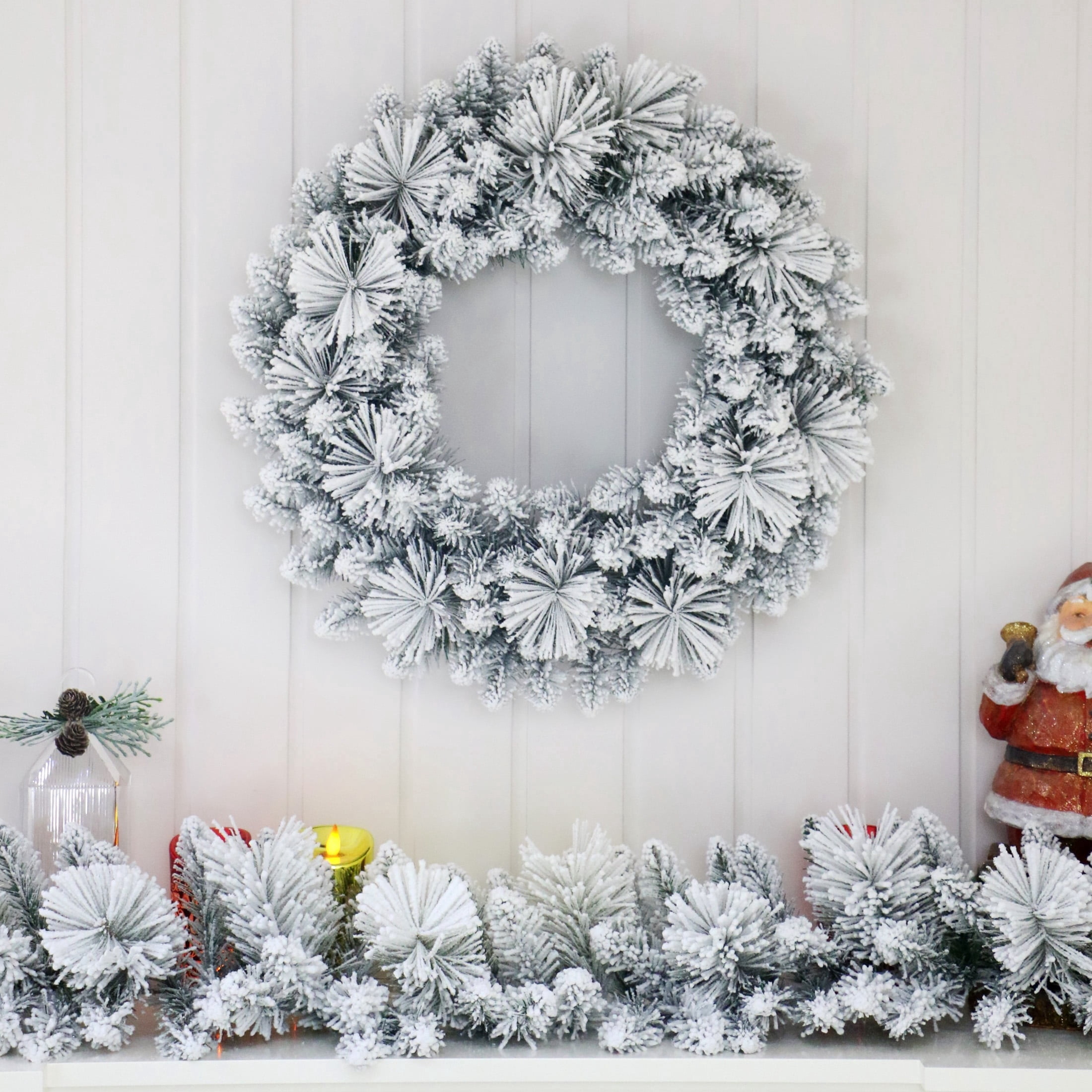 Snow-Flocked Evergreen Artificial Christmas Wreath, Green and White, 24", by Holiday Time