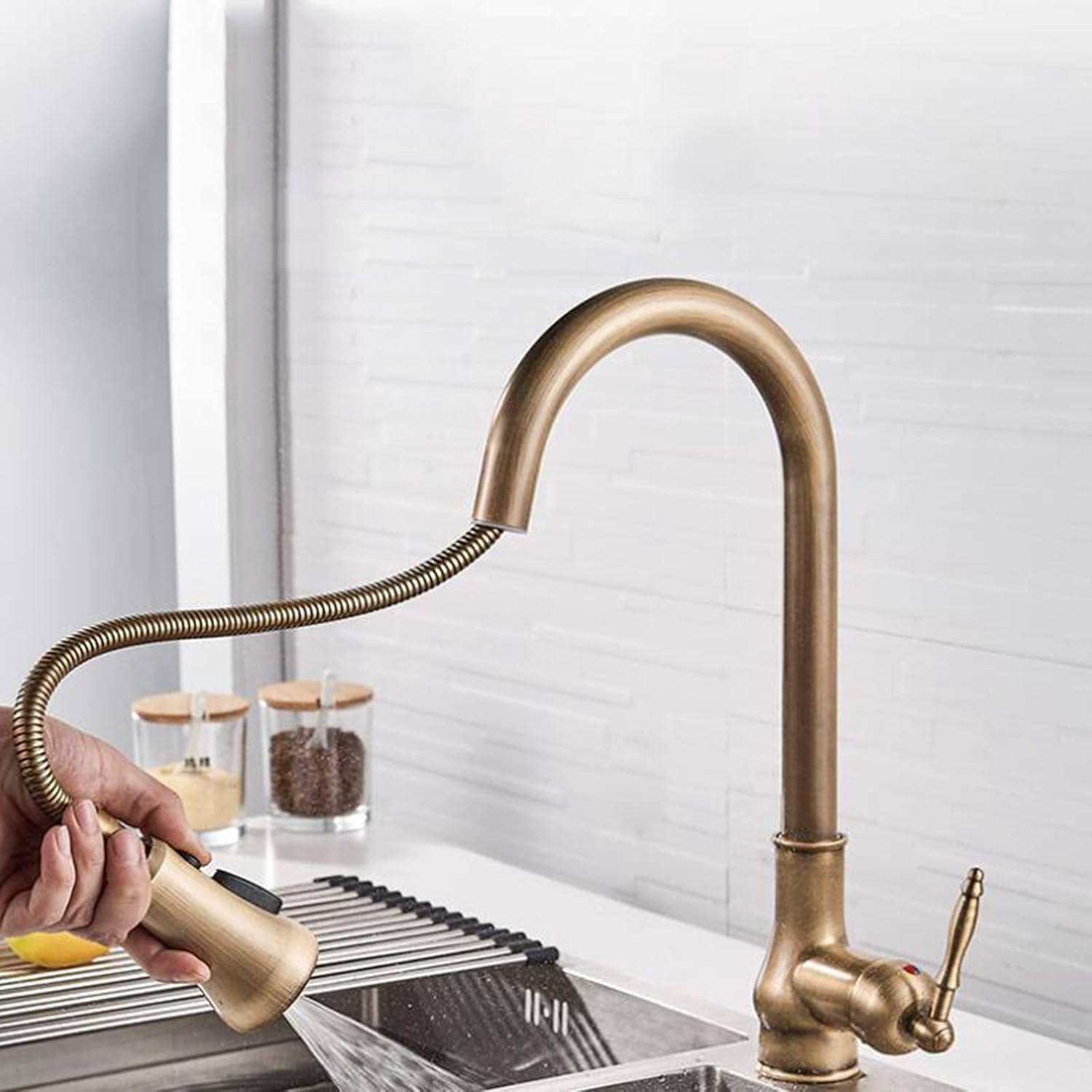Kitchen Faucets with Pull Out Spray Antique Brass Kitchen Faucet 360° Swivel Hot and Cold Water Sink Faucet