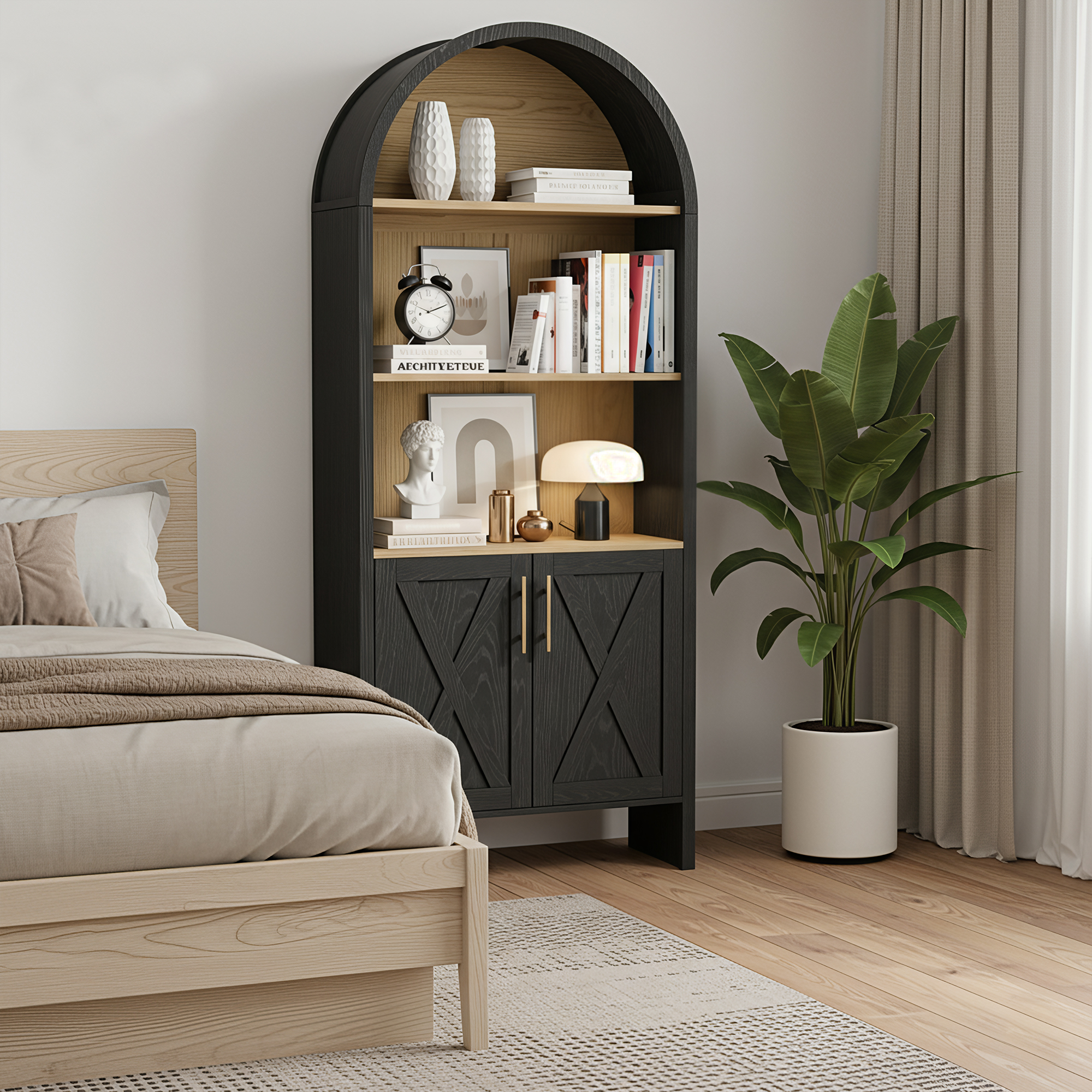MAYEERTY Arched Accent Cabinet with Cross Panel Doors, Elegant Display for Living Room & Entryway, 60" Black Beech