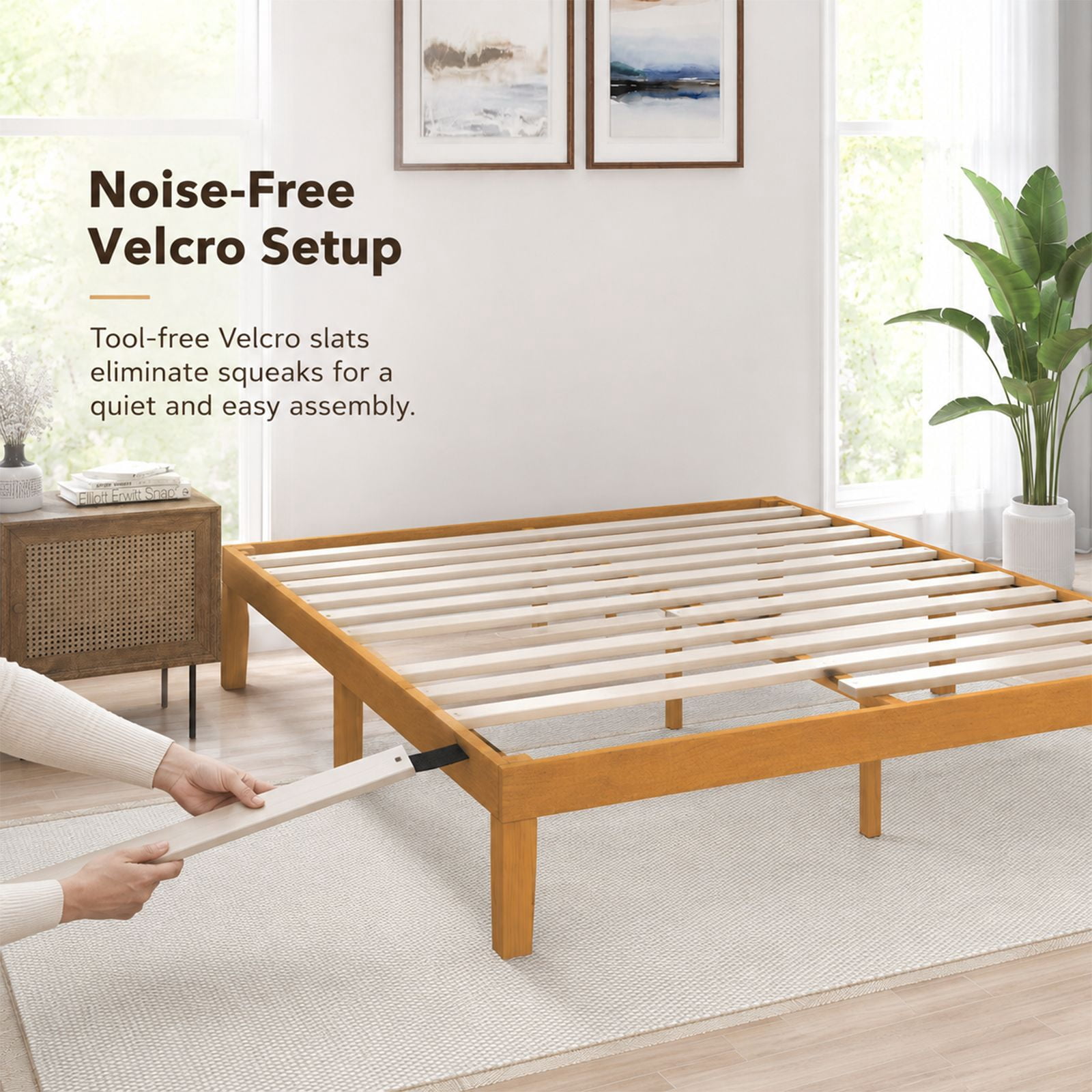 Alvantor Natural Pine Platform Bed Frame, 14" High, Sturdy Wood Sturdy Slats, Noise-Free Design, No Box Spring, Easy Assembly