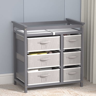 KORIMEFA Baby Changing Table with Laundry Hamper, 6 Storage Drawers and Pad, Changing Table Dresser, Baby Diaper Change Station, Gray