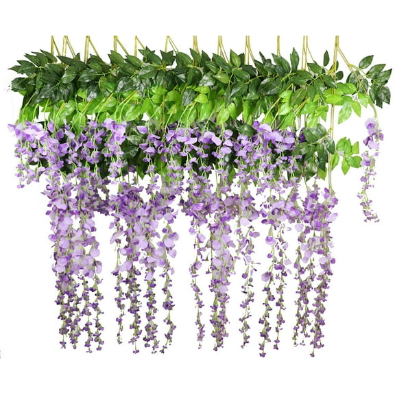 Sinhoon 12 Pack 1 Piece 3.6 Feet Artificial Fake Wisteria Vine Ratta Hanging Garland Silk Flowers String Home Party Wedding Decor(Purple)