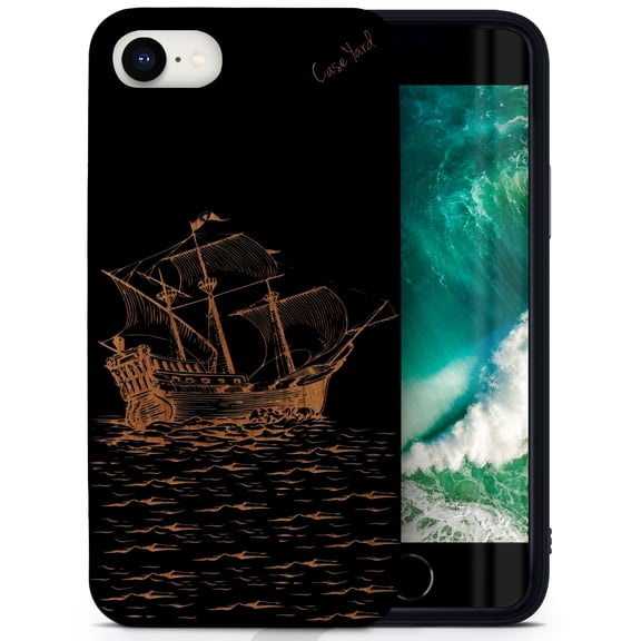Case Yard Wooden Case for iPhone-SE Soft TPU Silicone cover Slim Fit Shockproof Wood Protective Phone Cover for Girls Boys Men and Women Supports Wireless Charging Sailboat Design