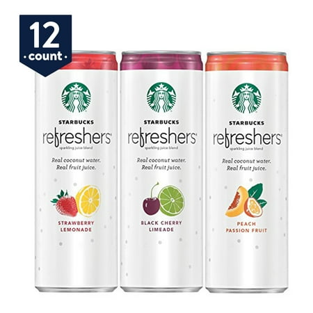 - Starbucks Refreshers Sparkling Juice Blends, 3 Flavor Variety Pack with Coconut Water, 12 oz Cans, 12 Count